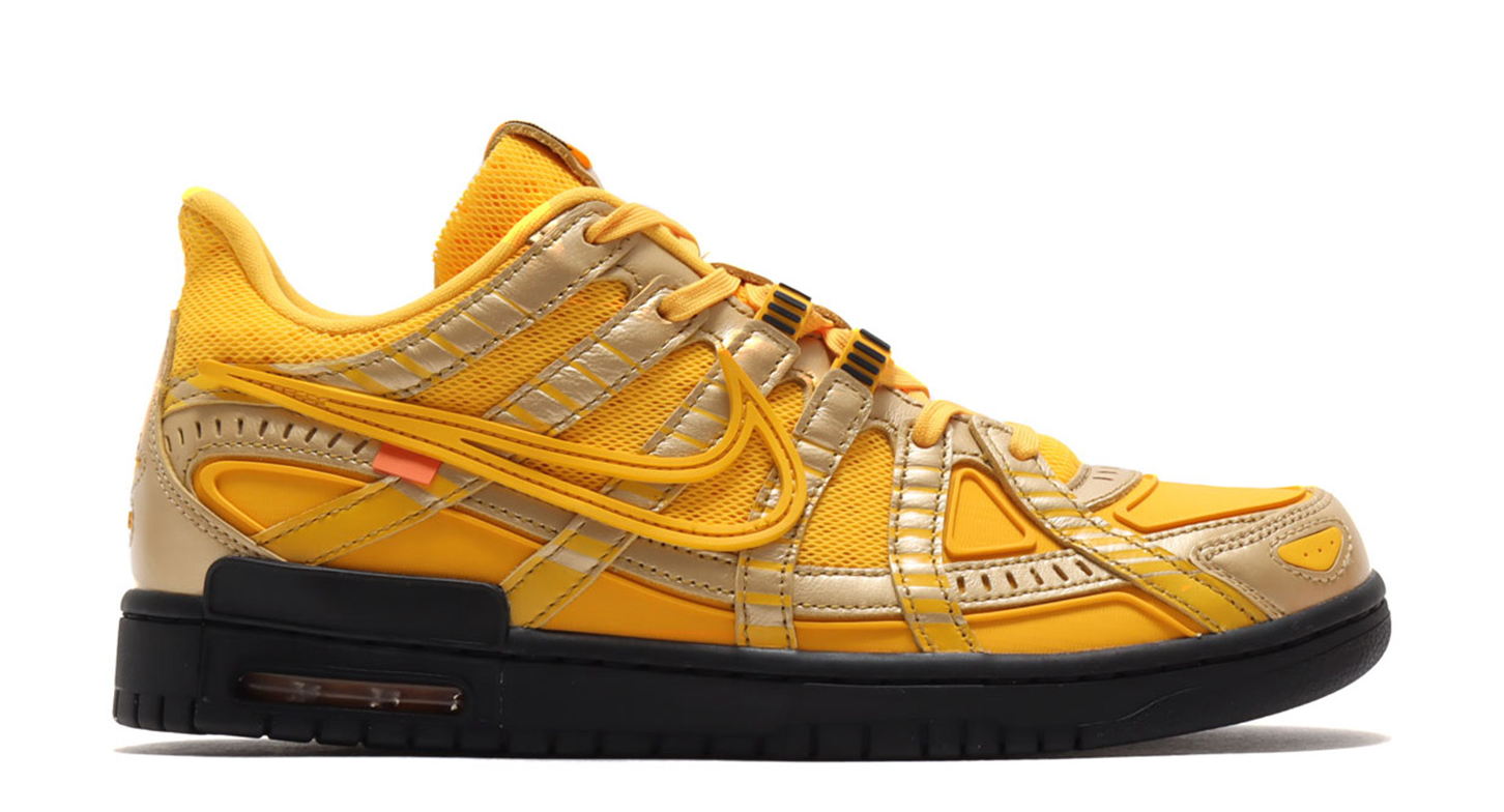 Off-White x Nike Air Rubber Dunk University Gold, золотой с серебряным, кожа, сетка, мужские